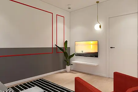 Salon w stylu minimalistycznym z nowoczesnym oświetleniem i skandynawską rośliną.