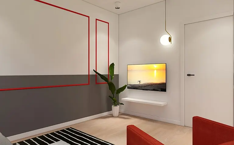 Salon w stylu minimalistycznym z nowoczesnym oświetleniem i skandynawską rośliną.