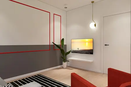 Salon w stylu minimalistycznym z nowoczesnym oświetleniem i skandynawską rośliną.
