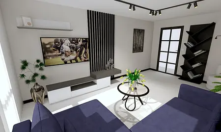 Współczesny salon z niebieską sofą, białym stolikiem i roślinami.