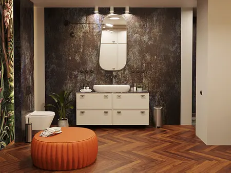 Wnętrze łazienki w stylu industrialnym i minimalistycznym, z drewnianą podłogą i białymi meblami.
