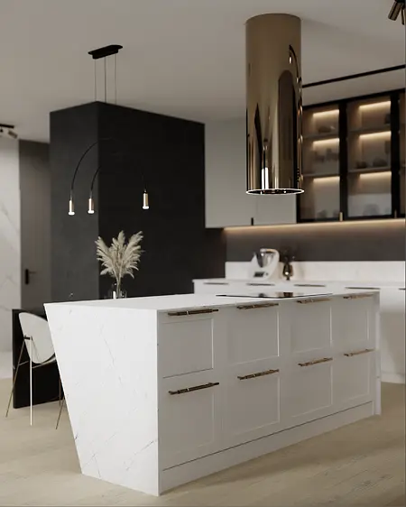 Nowoczesna kuchnia z białymi meblami i złotymi detalami.