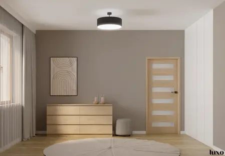 Wnętrze minimalistyczne w stylu japandi z drewnianą komodą i szarymi ścianami