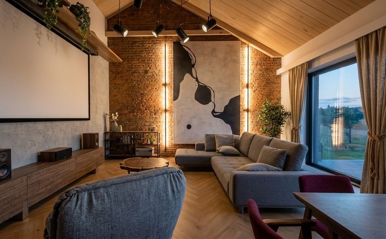 Salon w stylu industrialnym i współczesnym z ceglaną ścianą, szarą sofą, ekranem kina domowego i drewnianą szafką RTV