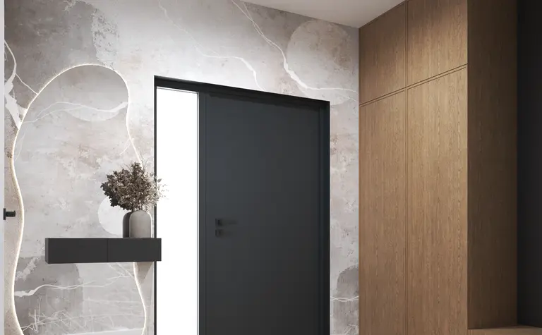 Przedpokój w stylu industrialnym i minimalistycznym z drewnianymi elementami