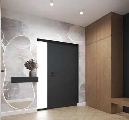 Przedpokój w stylu industrialnym i minimalistycznym z drewnianymi elementami