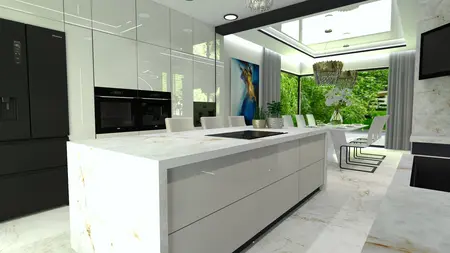 Kuchnia glamour z białymi meblami i nowoczesnymi akcentami
