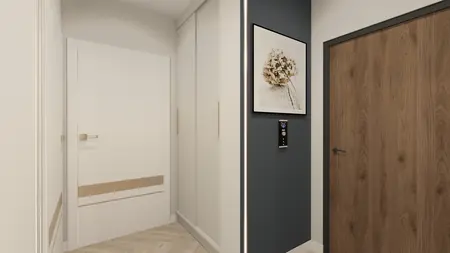 Nowoczesny przedpokój z białymi drzwiami, drewnianymi detalami i obrazem na ścianie w stylu glamour.