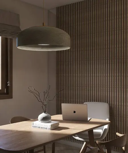 Minimalistyczne biuro z drewnianym biurkiem i nowoczesną lampą sufitową.