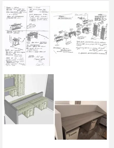 Wnętrze z minimalistycznym biurkiem i szafkami, projekt aranżacji.