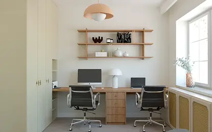 Gabinet w stylu boho i soft minimalizm z biurkiem i nowoczesnymi akcesoriami.
