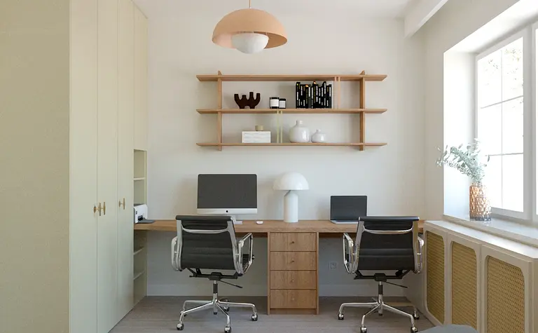 Gabinet w stylu boho i soft minimalizm z biurkiem i nowoczesnymi akcesoriami.