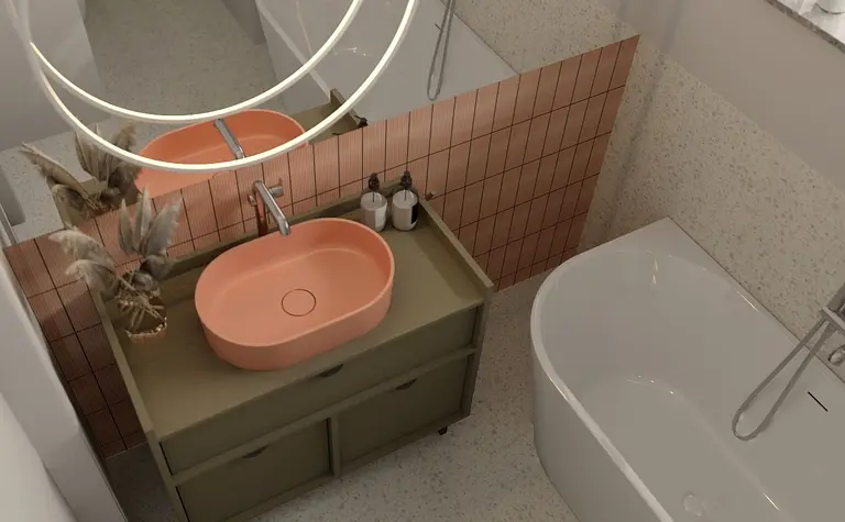 Nowoczesna łazienka z różową umywalką i drewnianymi detalami, styl vintage i współczesny.