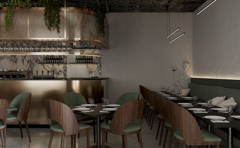 Wnętrze restauracji z glamour i nowoczesnym stylem, zielone krzesła, marmurowy bar.