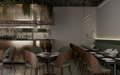 Wnętrze restauracji z glamour i nowoczesnym stylem, zielone krzesła, marmurowy bar.
