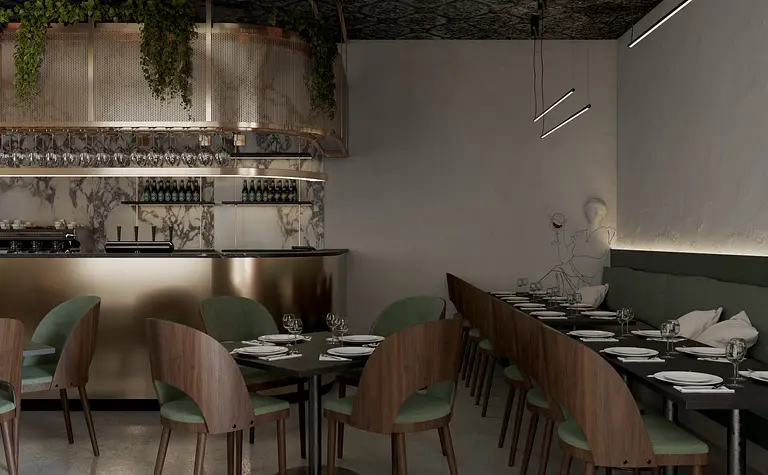 Wnętrze restauracji z glamour i nowoczesnym stylem, zielone krzesła, marmurowy bar.