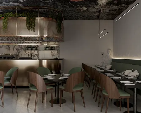 Wnętrze restauracji z glamour i nowoczesnym stylem, zielone krzesła, marmurowy bar.