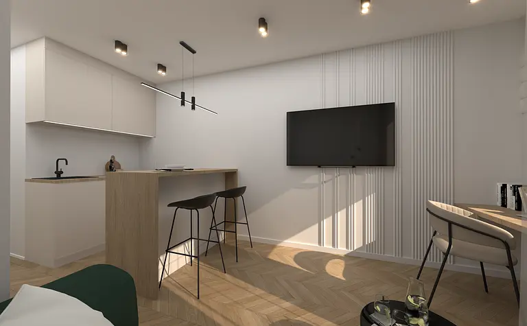 Wnętrze kuchni z minimalistycznym designem, białymi meblami i drewnianym blatem.