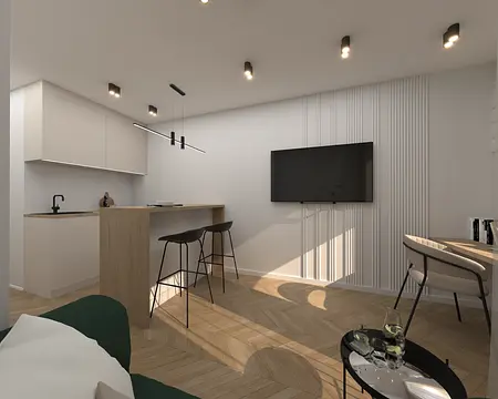 Wnętrze kuchni z minimalistycznym designem, białymi meblami i drewnianym blatem.