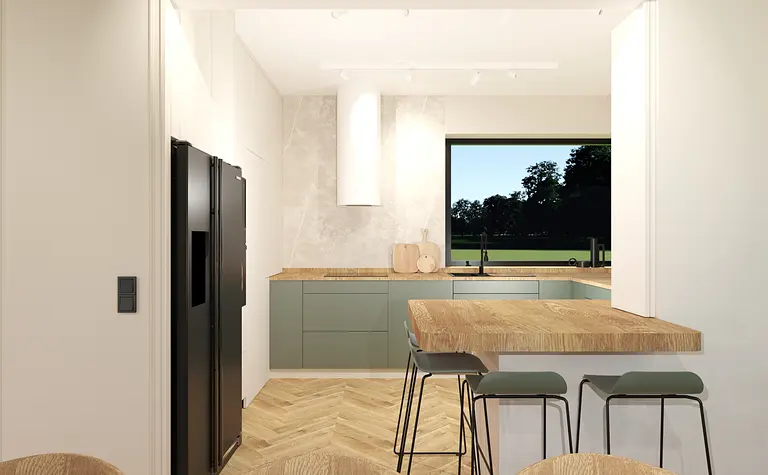 Współczesna kuchnia z zielonymi meblami i drewnianym blatem, oświetleniem i dużym oknem.
