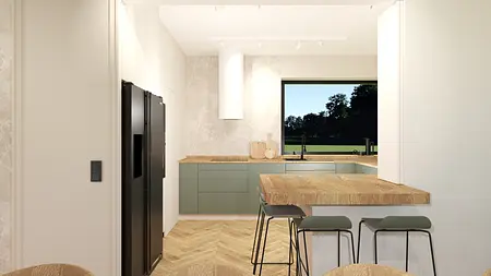 Współczesna kuchnia z zielonymi meblami i drewnianym blatem, oświetleniem i dużym oknem.