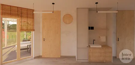 Wnętrze w stylu japandi i minimalistycznym z drewnianymi akcentami.