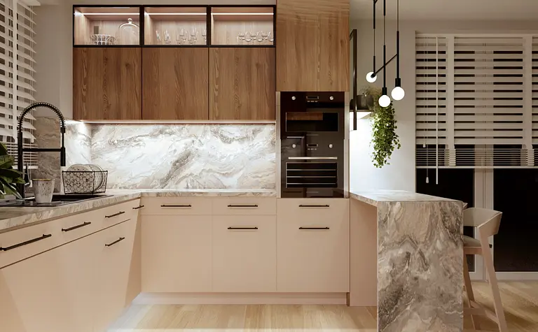 Kuchnia w stylu minimalistycznym z drewnianymi meblami i nowoczesnymi akcentami.