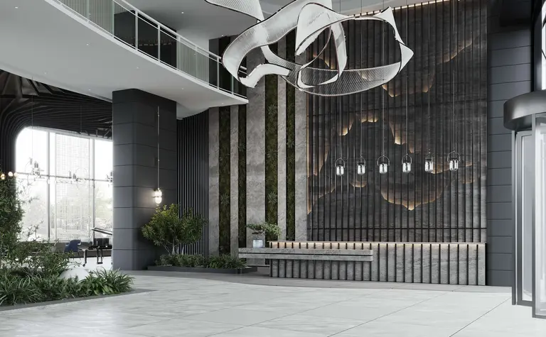 Nowoczesne lobby z roślinami, oświetleniem i betonowymi elementami w stylu minimalistycznym.