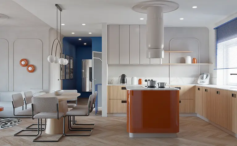 Wnętrze kuchni w stylu dopamine decor i eklektycznym z drewnianymi elementami.