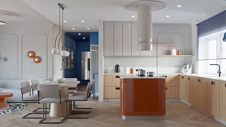 Wnętrze kuchni w stylu dopamine decor i eklektycznym z drewnianymi elementami.