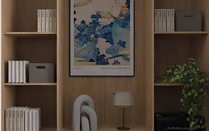Wnętrze gabinetu w stylu japandi z drewnianą półką i biurkiem.