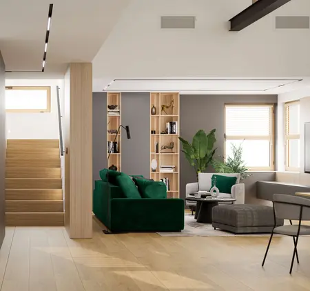 Wnętrze salonu z zieloną sofą, drewnianymi meblami, minimalistycznym designem.