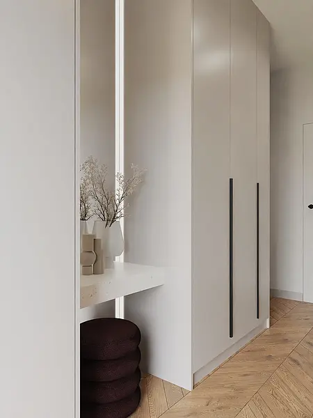 Nowoczesny przedpokój w stylu japandi z minimalistycznymi akcentami.