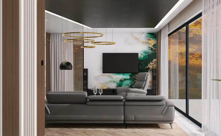 Wnętrze salonu w stylu glamour, nowoczesnym i quiet luxury z szarymi meblami.