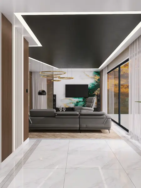 Wnętrze salonu w stylu glamour, nowoczesnym i quiet luxury z szarymi meblami.