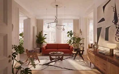 Eklektyczne wnętrze salonu z pomarańczową sofą i roślinami.