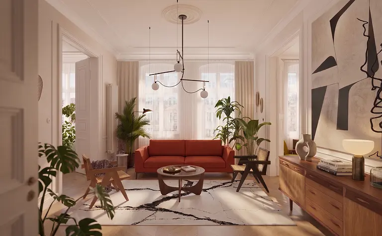 Eklektyczne wnętrze salonu z pomarańczową sofą i roślinami.