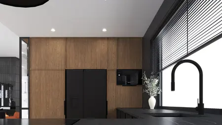 Wnętrze kuchni w stylu industrialnym i minimalistycznym z drewnianymi elementami.
