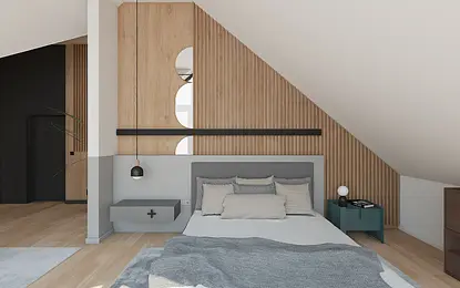 Wnętrze sypialni w stylu boho i minimalistycznym z drewnianymi akcentami.