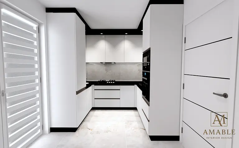 Nowoczesna kuchnia z białymi meblami, czarnymi akcentami oraz minimalistycznym oświetleniem.