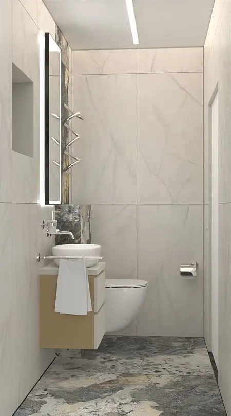 Wnętrze łazienki z białymi płytkami i minimalistycznym wystrojem, dopamine decor, industrialny, soft minimalizm