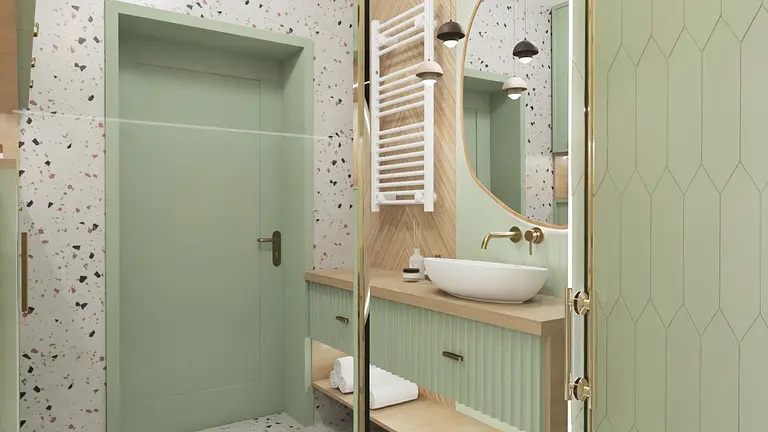 Nowoczesna łazienka z zielonymi meblami i drewnianymi detalami, styl vintage