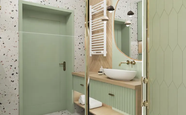 Nowoczesna łazienka z zielonymi meblami i drewnianymi detalami, styl vintage
