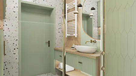 Nowoczesna łazienka z zielonymi meblami i drewnianymi detalami, styl vintage
