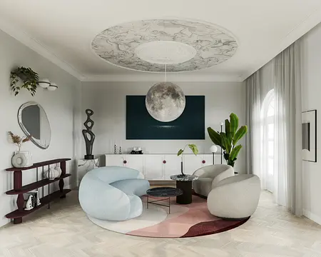 Wnętrze salonu z nowoczesnymi meblami w stylu dopamine decor i glamour.