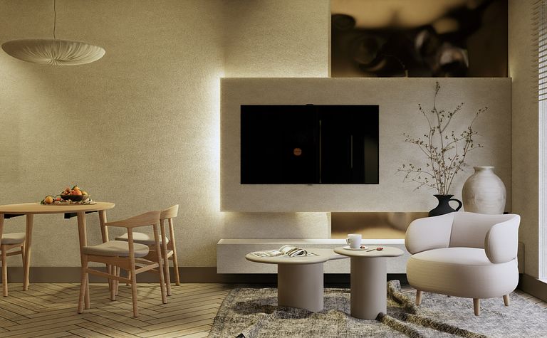 Wnętrze salonu w stylu boho, japandi, minimalistycznym z beżowymi meblami