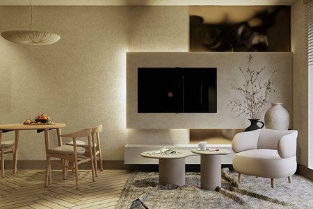 Wnętrze salonu w stylu boho, japandi, minimalistycznym z beżowymi meblami