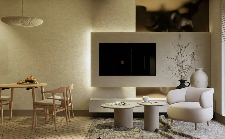 Wnętrze salonu w stylu boho, japandi, minimalistycznym z beżowymi meblami