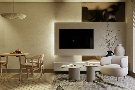 Wnętrze salonu w stylu boho, japandi, minimalistycznym z beżowymi meblami