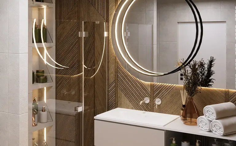 Nowoczesna łazienka z eklektycznymi akcentami, glamour i minimalistycznymi detalami.